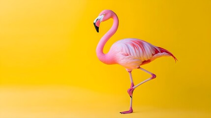 Fototapeta premium Funny Flamingo Ballet Pose on One Leg Against Yellow Background