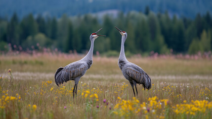 Fototapeta premium Pair of cranes in an open meadow, heads tilted skyward in unison duet, with wildflowers and soft distant tree line