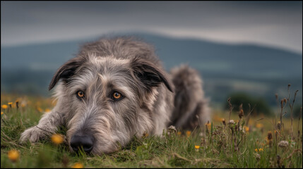 Fototapeta premium Overhead view of an Irish wolfhound lying down in a field of wildflowers, soft morning light with misty distant hills