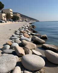 beach, tropical beach, mountains distance, sea view, colorful stones, stone frame, coastal scenery, tropical paradise, sandy beach, clear water, ocean waves, mountain backdrop, beach stones, vibrant 
