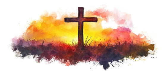 silhouetee wooden cross in colorful sunset