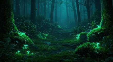 Naklejka premium Glowing mushrooms forest pathway
