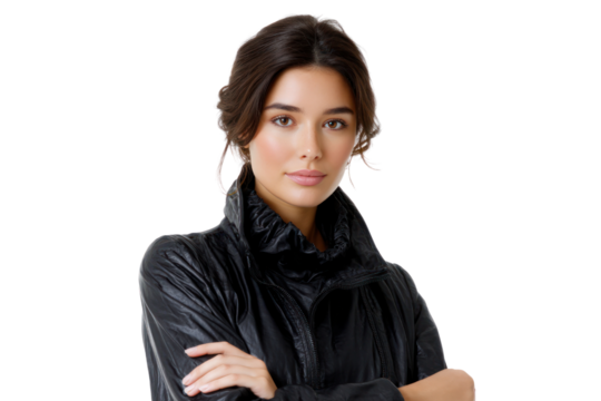 Elegant Portrait: A captivating young woman stands confidently in a sleek black jacket, gazing directly at the viewer with an air of poise and sophistication.