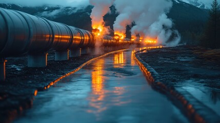 Industrial pipeline under smoke and flames with reflections on water surface