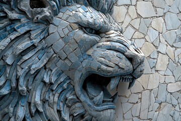 A majestic stone lion's head, crafted from mosaic tiles, adorns a wall.