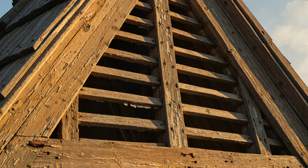 Rustic wooden roof detail against a clear sky  