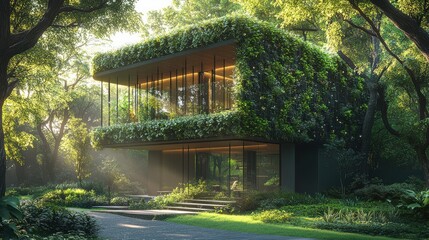 Modern eco friendly house surrounded by lush greenery in tranquil nature setting