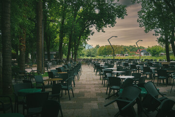Restaurant chairs and tables outside