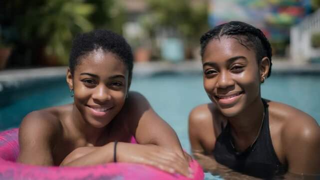 African girls sisters in a swimming pool with a pink inner tube during summer day - Young people having fun swimming together - Models by AI generative
