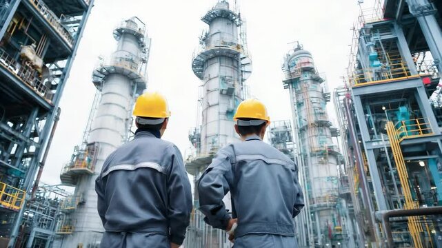 Asian men working outside of gas and oil factory while wearing helmet and uniform - Industrial occupation concept - Models by AI generative