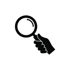 Black and white illustration of a hand holding a magnifying glass on a white background