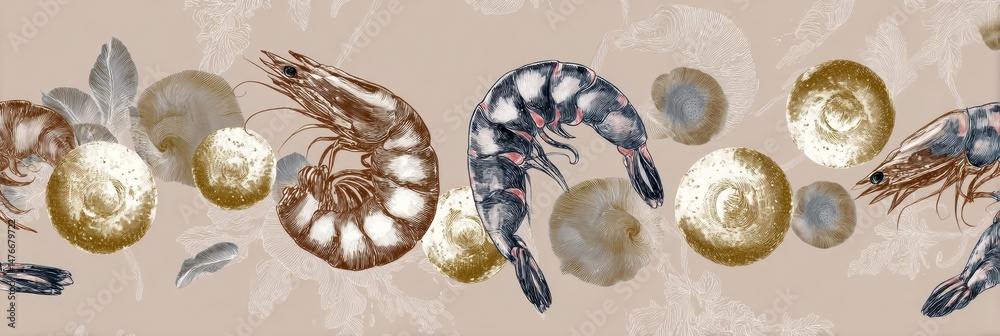Aufkleber decorative seafood pattern featuring shrimp and mussels with a soft, faded background to enhance vis