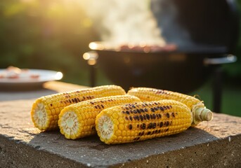 Grilled Corn on the Cob with Smoke in Backyard Barbecue Setting, Summer Evening, Close-Up of Fresh Corn, Cooking Outdoors, Wood and Stone Table