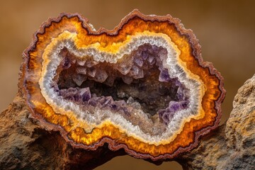 Fototapeta premium A mesmerizing geode reveals amethyst crystals nestled within vibrant orange and white agate layers.
