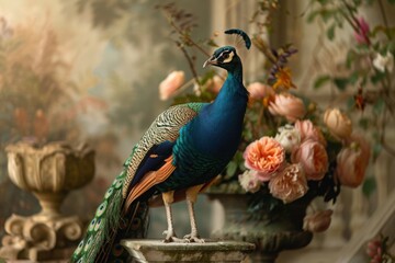 A regal peacock displaying its iridescent plumage in full bloom.