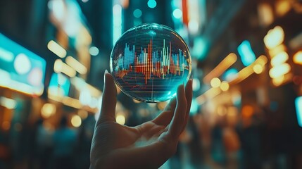 Hand Holding Crystal Ball with Financial Chart and City Lights