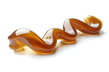 Amber syrup, glossy, smooth, wavy,  drizzle.  A  sweet, viscous, caramel-like  liquid,  flowing  in a  continuous,  smooth  curving  shape