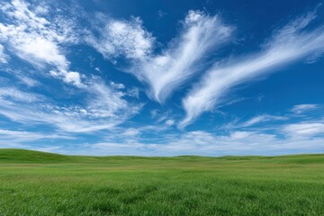 Serene Prairie Landscape: Vibrant Green Grass Under a Sky of Wispy Clouds