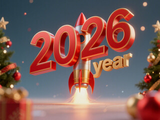 3D text 2026 year rocket launch New Year Christmas 3D rendering isolate on white background Download.