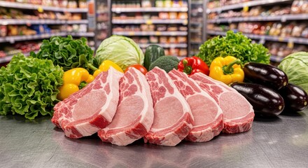 Freshly Cut Pork Chops Surrounded by Colorful Vegetables and Greens in a Grocery Store Setting Highlighting Healthy Meal Preparation