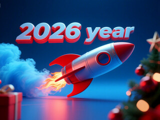 3D text 2026 year rocket launch New Year Christmas 3D rendering isolate on white background Download.