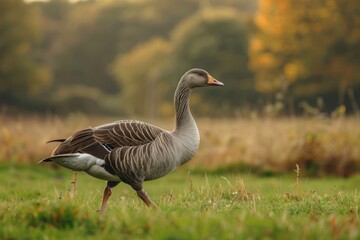 Obraz premium a goose is walking in a field of grass