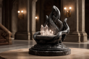 Fototapeta premium Fantasy throne made of intertwined black stone and glowing crystals, placed on marble dais, dark regal atmosphere, ultra-detailed.