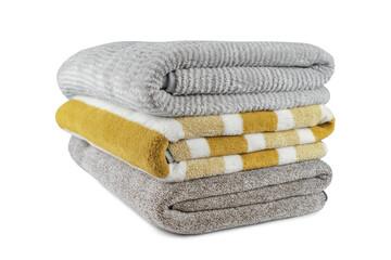 Soft fluffy striped grey and yellow bath towels folded in stack isolated on white, transparent...
