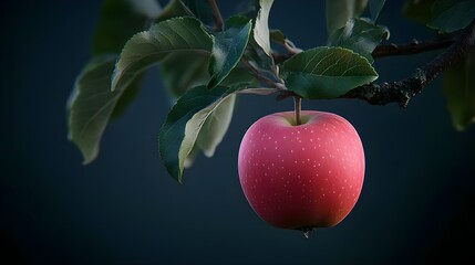 Juicy Red Apple Hanging from Tree Branch Against Dark Background
