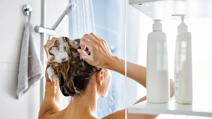 Woman's hair care ritual: washing with shampoo in modern bathroom shower creating rich foam. Beauty & self-care daily routine. 4K Video Footage.