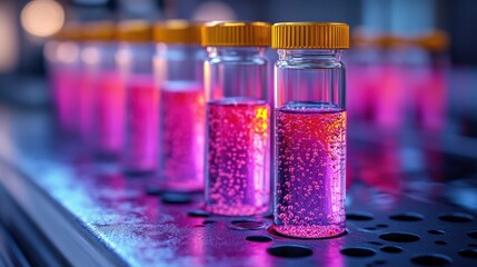 Vials of colorful liquid in laboratory setting with vibrant lighting effects