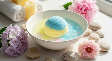 Relaxing Bath Scene with Colorful Bath Bomb, Flowers, Stones, Candles, and Clean Towels in Spa Setting for Stress Relief and Self-Care Moments