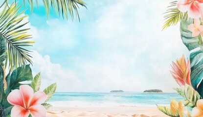 Tropical beach scene framed by vibrant foliage and flowers, showcasing a serene ocean vista. Soft colors evoke a relaxing summer day