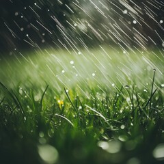 Rain falling on lush green grass close up low angle view nature scene wet weather raindrop detail