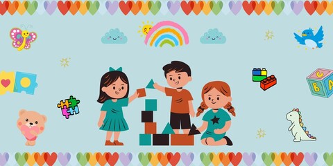 Trendy Happy Children's Day Greeting Card Illustration Vector. Cute International Children's Day Postcard Banner. Childhood, School, Kindergarten, World, Kids Day, 1st of June, Kids Party, Happiness