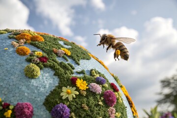 honeybee hovering above floral earth sky background concept world bee day