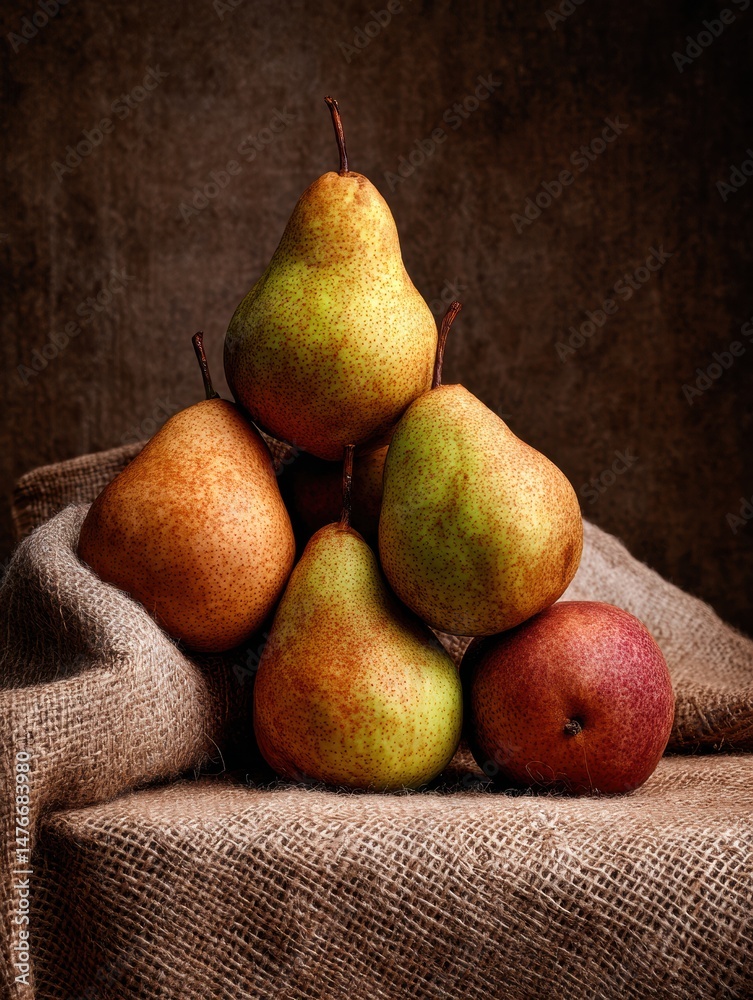 Poster colorful pile of fresh pears on burlap fabric arranged in a visually appealing manner