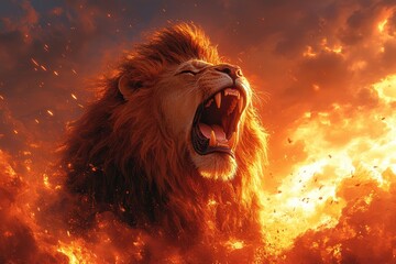 Majestic lion roaring amidst fiery flames in a dramatic sunset landscape