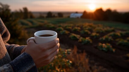 Serene sunrise coffee moment in a tranquil countryside garden setting