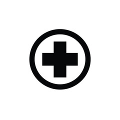 Black and white simple medical cross symbol within a circle on a white background
