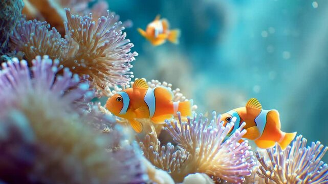 Clownfish swimming among sea anemones in colorful underwater scene. 4K video