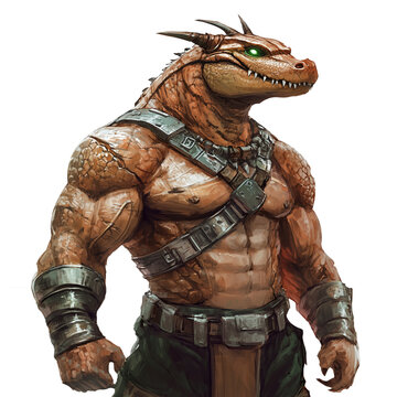 muscular lizard warrior, orange skin, looking away clip art preview