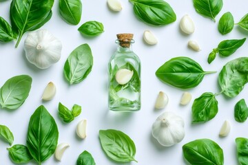 Aromatic Basil and Garlic Infused Oil in a Clear Glass Bottle on White Background with Fresh Herbs and Garlic Cloves Creates a Healthy Cooking Ingredient Still Life