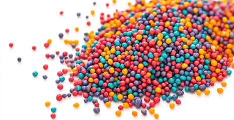 Colorful, small, round sprinkles. A vibrant mix of multicolored candies, scattered and piled high