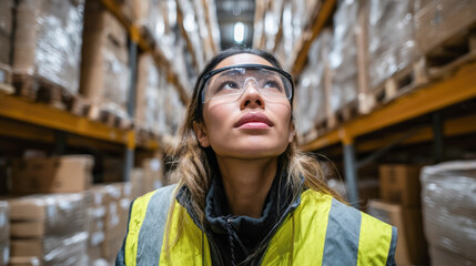 Young asian female worker in warehouse wearing safety vest and glasses