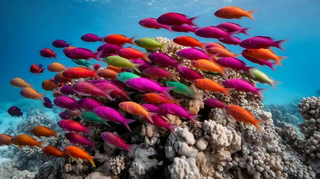 Colorful tropical fish swimming around coral reef in clear ocean. 4K video
