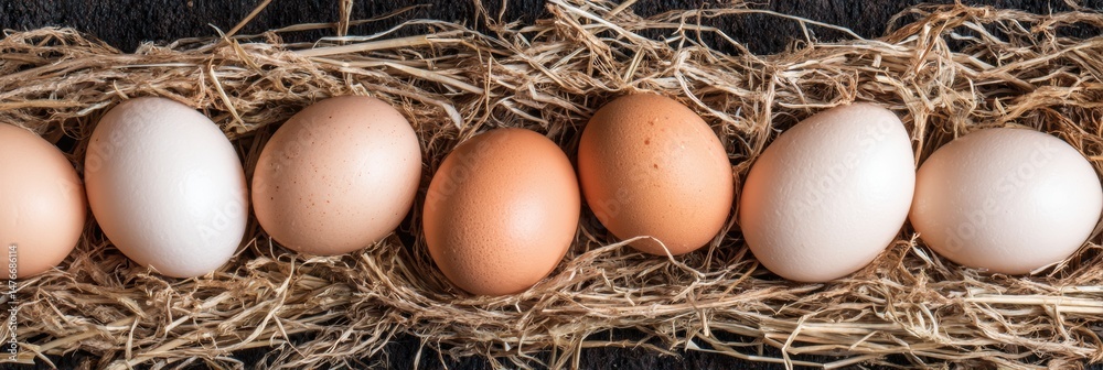 Poster fresh eggs nestled in straw with a blank area for customization, ideal for rustic kitchen decor and 