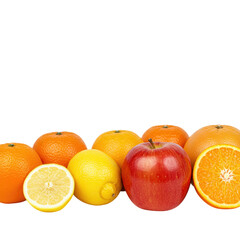 Vibrant Assortment of Fresh Citrus Fruits and a Red Apple on Black Background