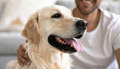 Happy golden retriever dog with owner smiling enjoys affection indoors at home