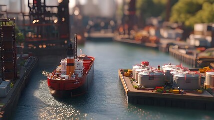 Fototapeta premium Miniature Industrial Complex with Storage Tanks and Cargo Ship
